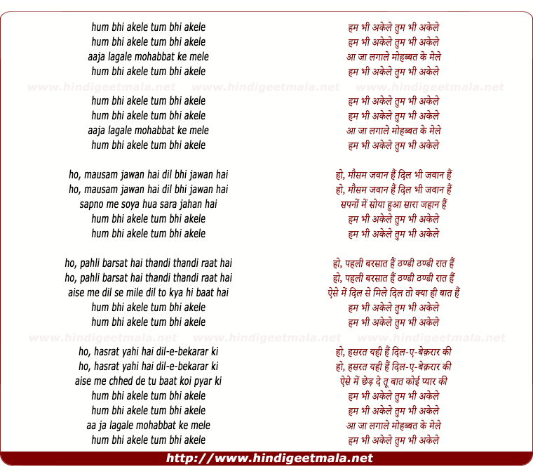 lyrics of song Hum Bhi Akele Tum Bhi Akele