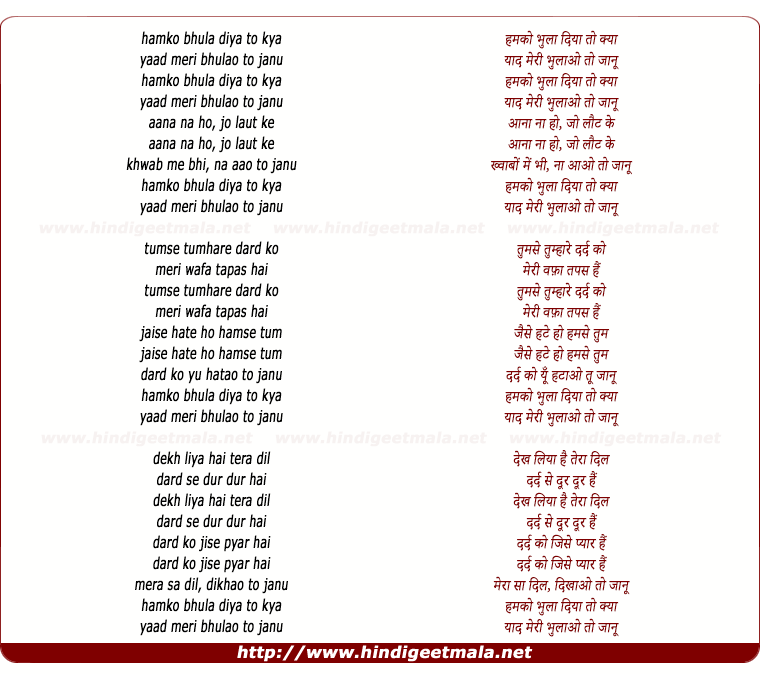 lyrics of song Humko Bhula Diya To Yaad Meri Bhulao To Janu