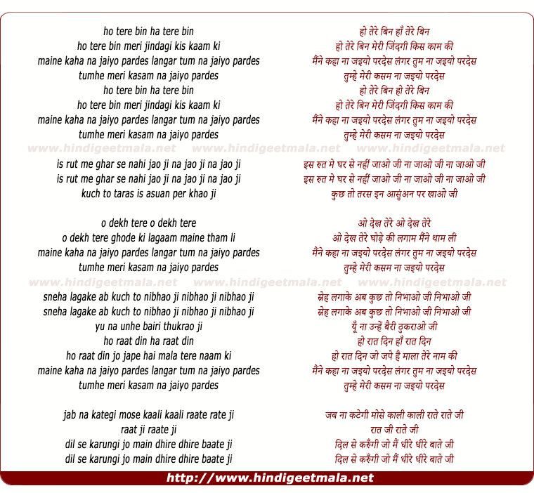 lyrics of song Tere Bin Meri Zindagani Kis Kaam Ki