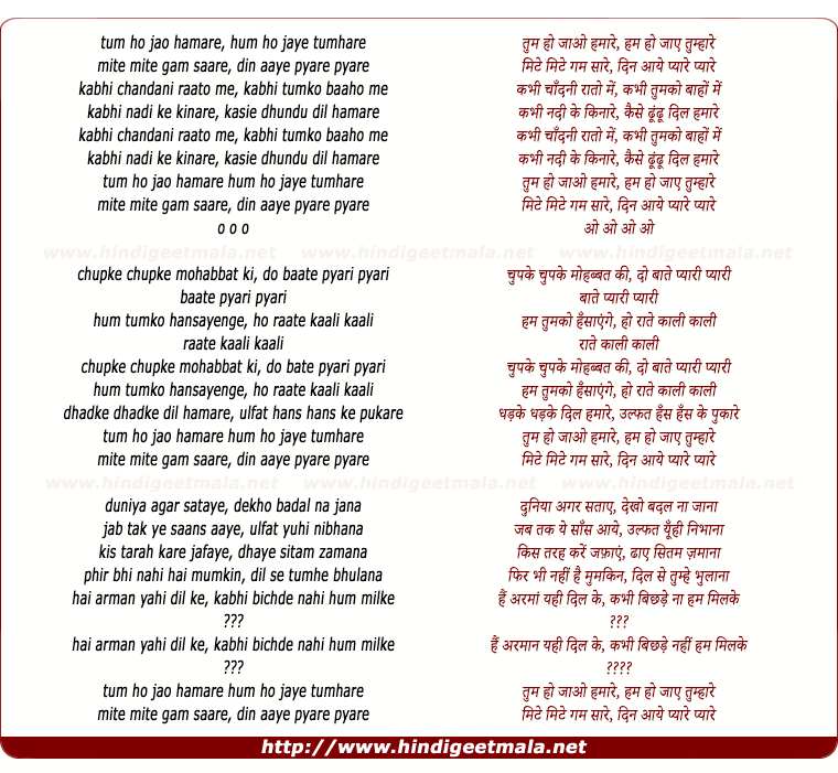 lyrics of song Tum Ho Jaao Hamare Kabhi Chandni Raato Me