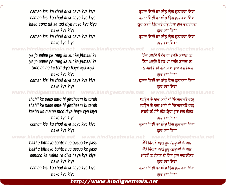 lyrics of song Daman Kisi Ka Chod Diya