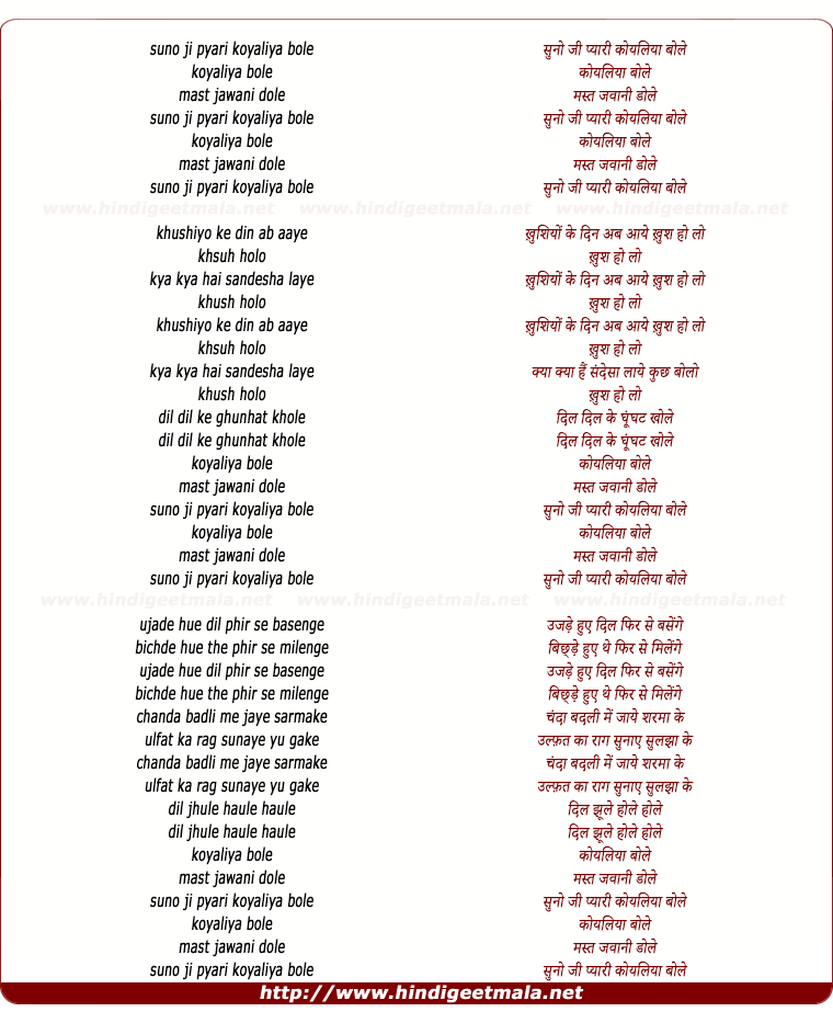 lyrics of song Suno Ji Pyari Koyaliya Bole
