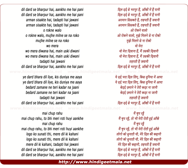 lyrics of song Dil Dard Se Bharpur Hai Aankho Me Hai Pani