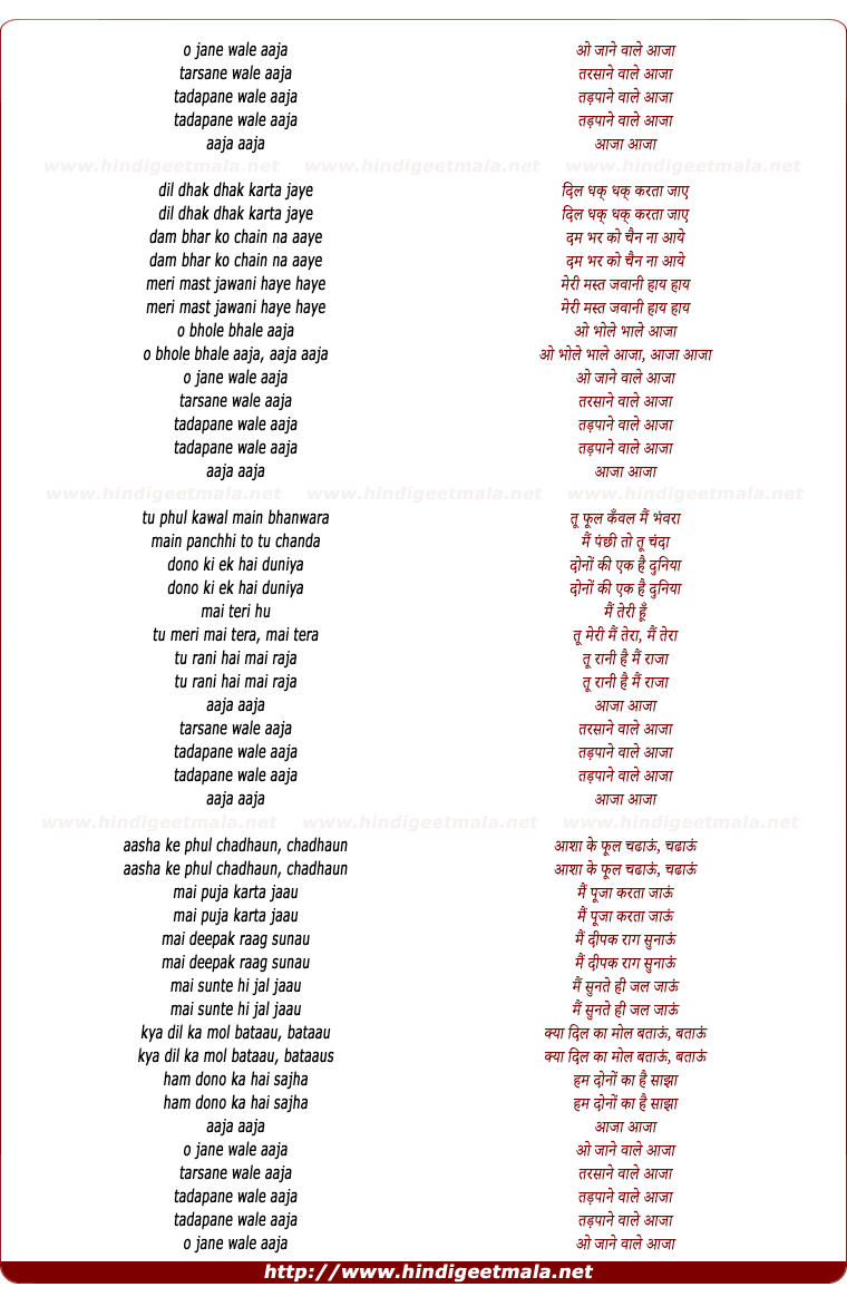 lyrics of song O Jaane Wale Aaja