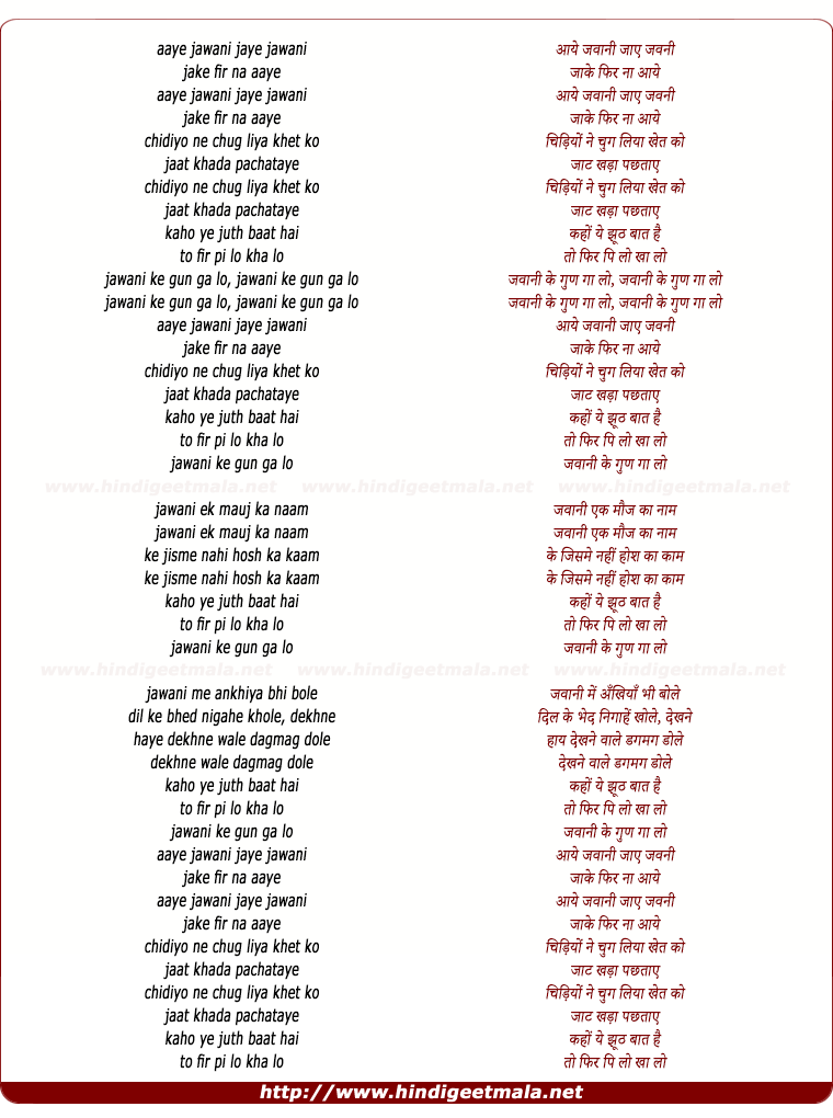 lyrics of song Aaye Jawani Jaaye Jawani