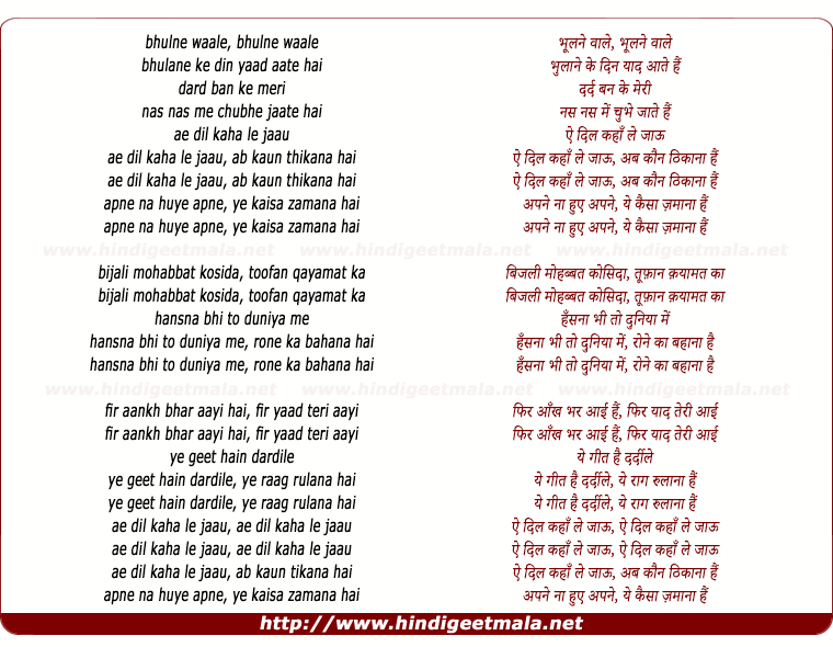 lyrics of song Bhulne Wale Dil Kaha Le Jau