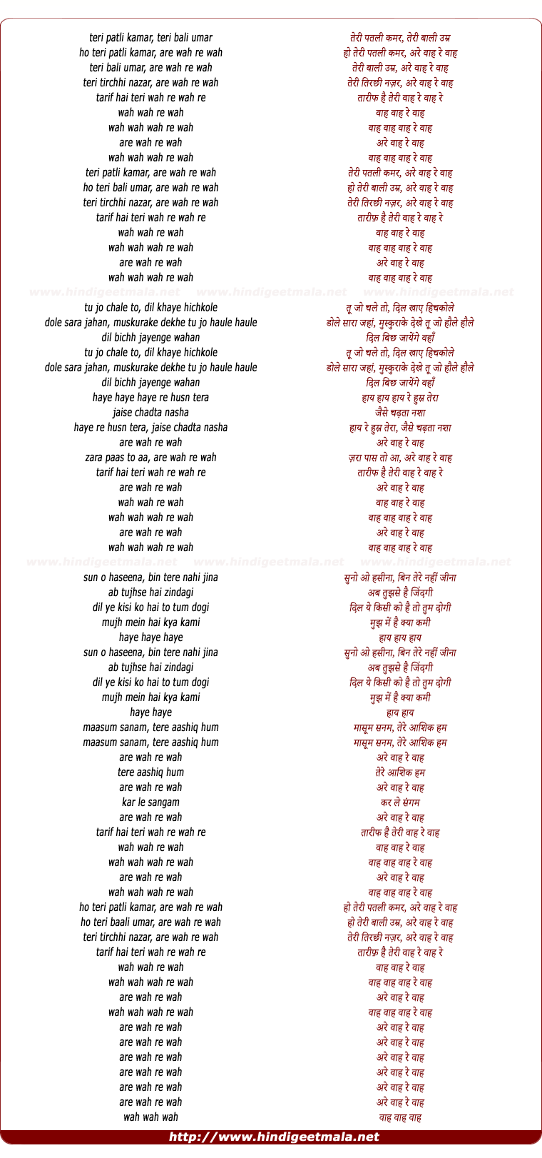 lyrics of song Teri Patli Kamar Teri Bali Umar