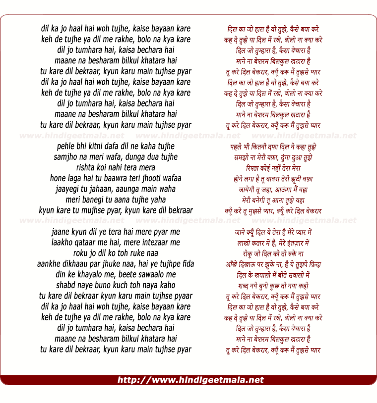 lyrics of song Dil Kaa Jo Haal Hai, Woh Tujhe Kaise Bayaan Kare (Remix)