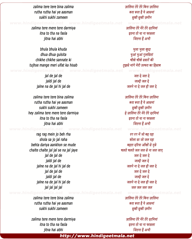 lyrics of song Zaalima Tere Mere Darmiya