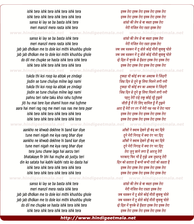 lyrics of song Ishq Tera Ishq Tera