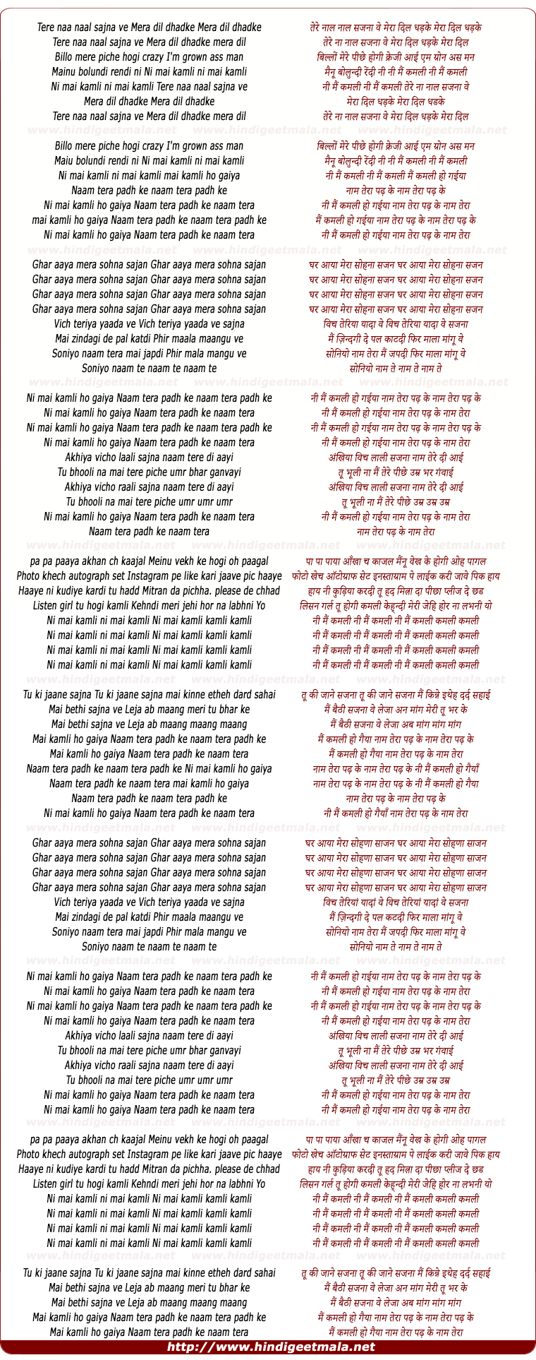 lyrics of song Mai Kamlee Ho Gaiya