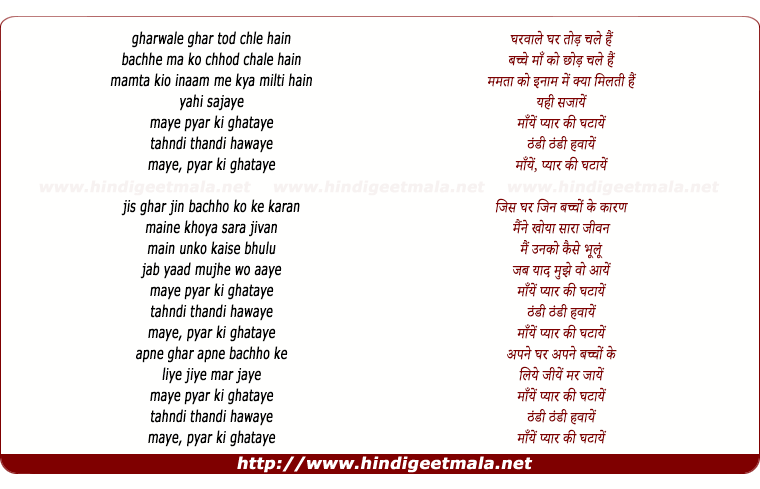 lyrics of song Thandi Thandi Hawaye (Ii)