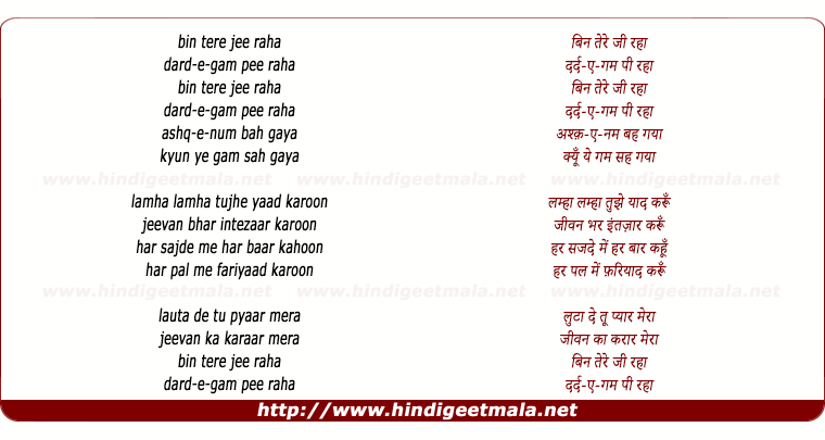 lyrics of song Bin Tere Ji Raha