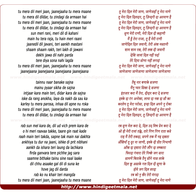 lyrics of song Tu Mera Dil