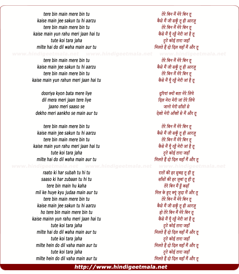 lyrics of song Tere Bin Mai