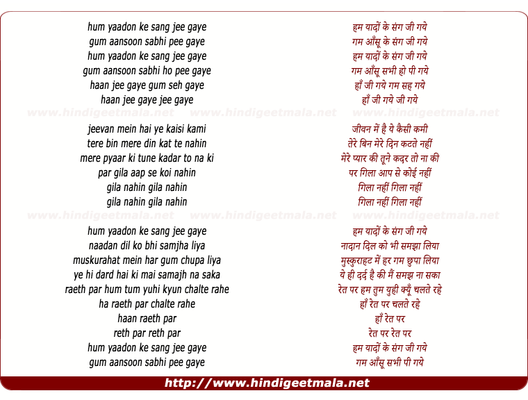 lyrics of song Hum Yaado Ke Sang