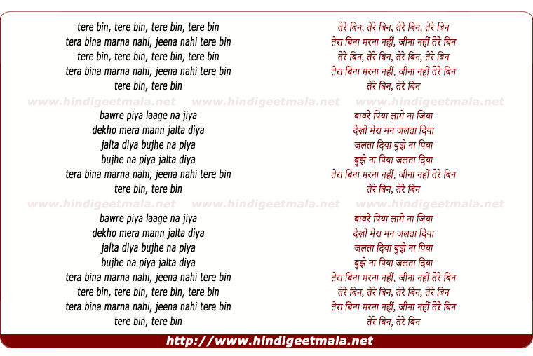 lyrics of song Tere Bin