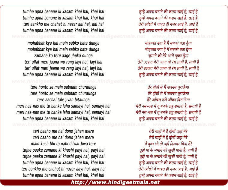 lyrics of song Tumhe Apna Banane Ki Kasam (Male)