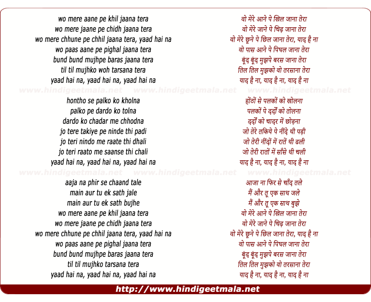 lyrics of song Yaad Hai Na (Unplugged)